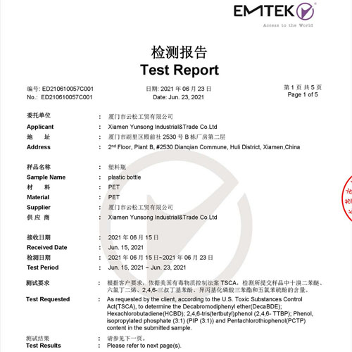 Five test reports for PET bottle TSCA